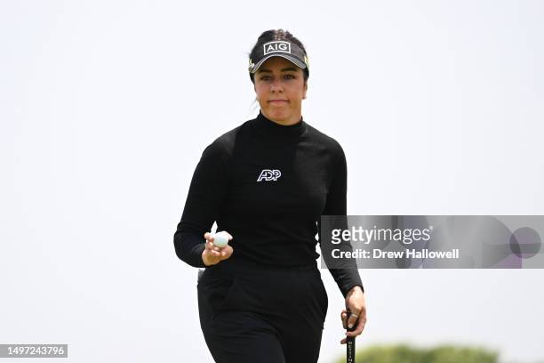 Georgia Hall of England reacts to a putt on the seventh green during the first round of the ShopRite LPGA Classic presented by Acer at Seaview Bay...