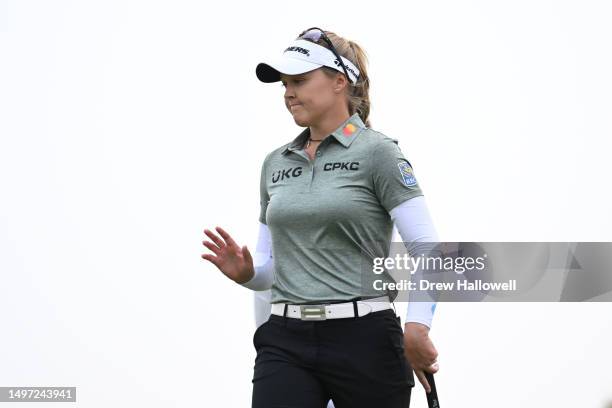 Brooke Henderson of Canada reacts to a putt on the seventh green during the first round of the ShopRite LPGA Classic presented by Acer at Seaview Bay...