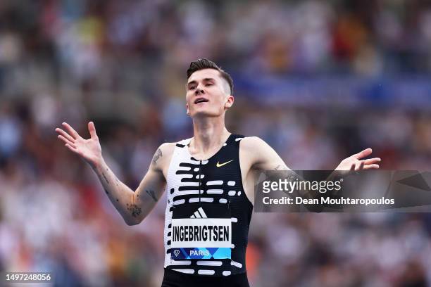 Jakob Ingebrigtsen of Team Norway celebrates after setting a new World Record in Men's 2 Miles during Meeting de Paris, part of the 2023 Diamond...