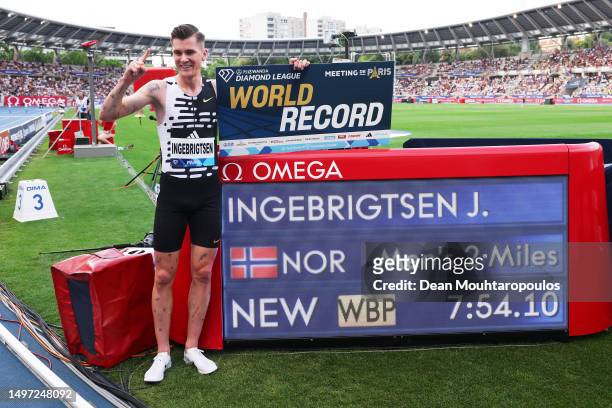 Jakob Ingebrigtsen of Team Norway poses for a photo after setting a new World Record in Men's 2 Miles during Meeting de Paris, part of the 2023...