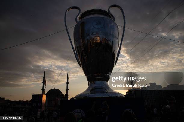 Giant replica of the Champions League trophy at Taksim Square ahead of the UEFA Champions League 2022/23 final on June 9, 2023 in Istanbul, Turkey.