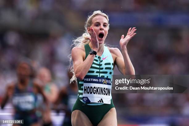 Keely Hodgkinson of Team Great Britain celebrates after winning Women's 800 Metres during Meeting de Paris, part of the 2023 Diamond League series at...