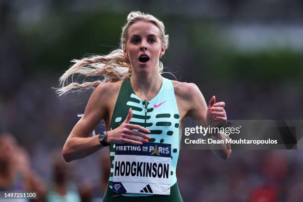 Keely Hodgkinson of Team Great Britain celebrates after winning Women's 800 Metres during Meeting de Paris, part of the 2023 Diamond League series at...