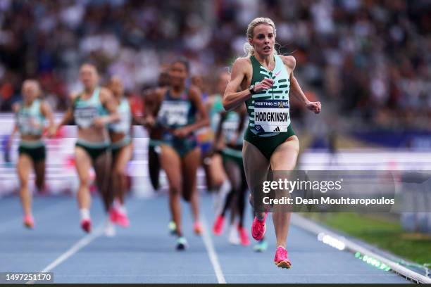 Keely Hodgkinson of Team Great Britain approaches the finish line to win the Women's 800 Metres final during Meeting de Paris, part of the 2023...