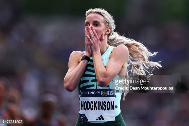 Keely Hodgkinson of Team Great Britain celebrates after winning the Women's 800 Metres final during Meeting de Paris, part of the 2023 Diamond League...