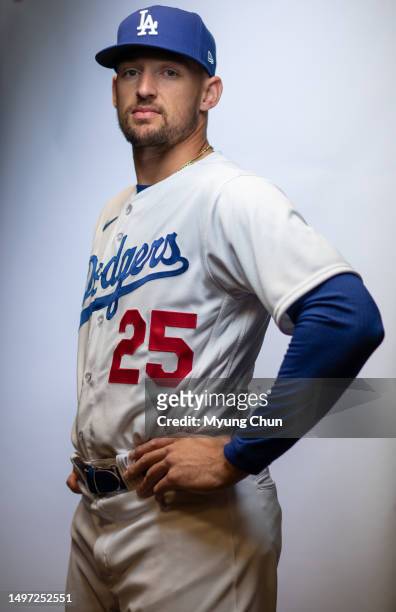 Los Angeles Dodgers outfielder Trayce Thompson is photographed for Los Angeles Times on February 22, 2023 in Glendale, Arizona. PUBLISHED IMAGE....