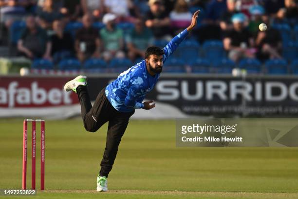 Shadab Khan of Sussex in action during the Vitality Blast T20 match between Sussex Sharks v Surrey CCC at The 1st Central County Ground on June 09,...