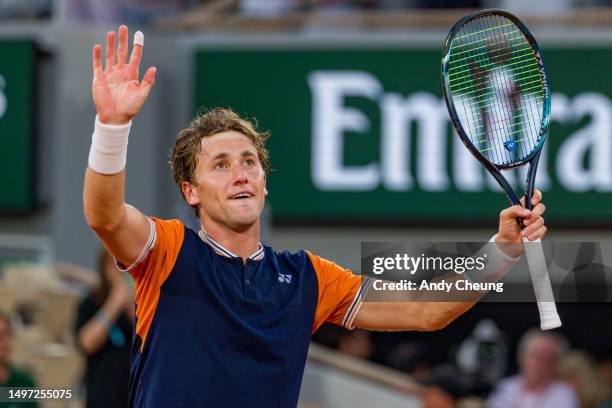 Casper Ruud of Norway celebrates winning match point during the Men's Singles Semi Final Match against Alexander Zverev during Day 13 of the French...