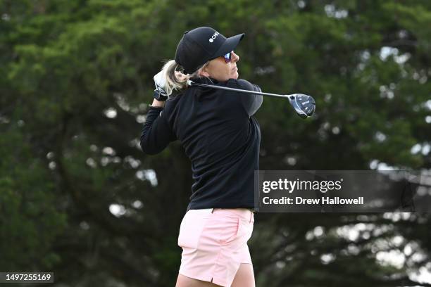 Sarah Kemp of Australia hits a tee shot on the eighth hole during the first round of the ShopRite LPGA Classic presented by Acer at Seaview Bay...