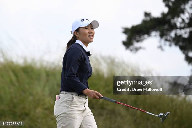 In Kyung Kim of South Korea reacts to a putt on the seventh green during the first round of the ShopRite LPGA Classic presented by Acer at Seaview...