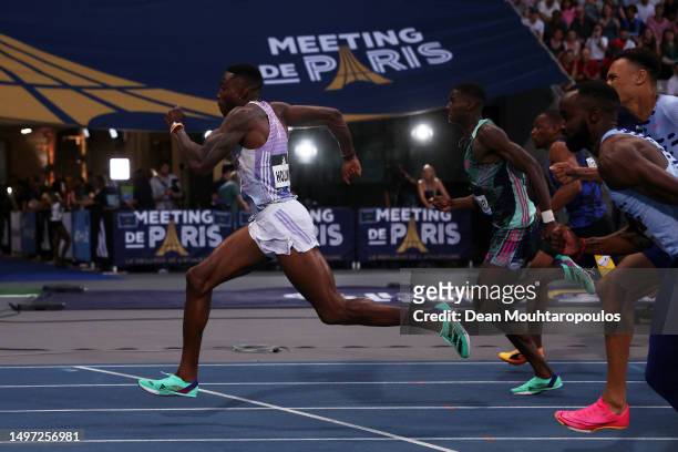 Grant Holloway of Team United States approaches the finish line to win Men's 110 Metres Hurdles final during Meeting de Paris, part of the 2023...