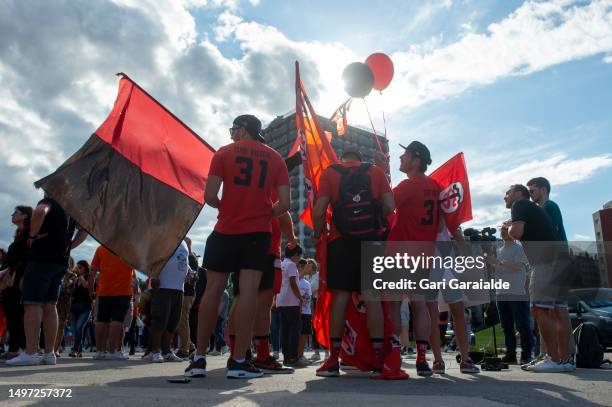 Stade Toulousain supporters react ahead of the French National Rugby League Top 14 Semi-Final between Toulouse and Racing 92 outside Anoeta Stadium...