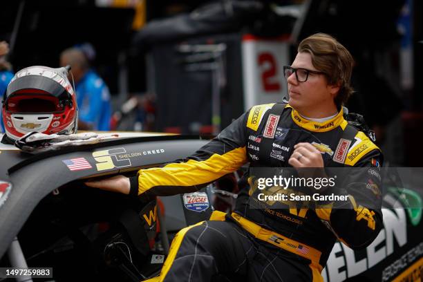 Sheldon Creed, driver of the Whelen Chevrolet, enters his car during practice for the NASCAR Xfinity Series DoorDash 250 at Sonoma Raceway on June...