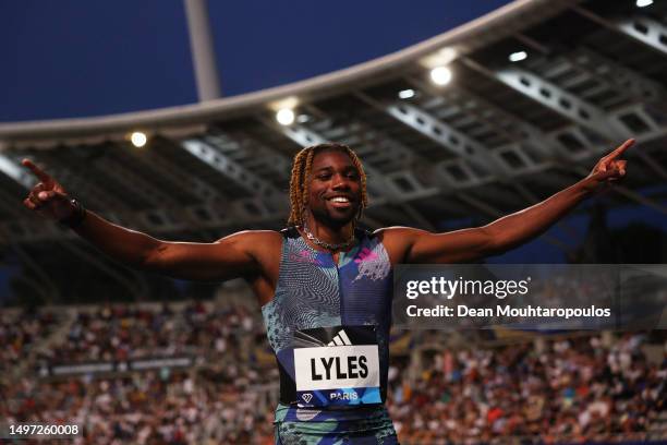 Noah Lyles of Team United States celebrates after winning the Men's 100 Metres final during Meeting de Paris, part of the 2023 Diamond League series...