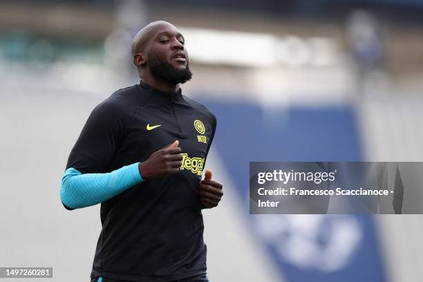 Romelu Lukaku of FC Internazionale in action during the training session ahead of the UEFA Champions League 2022/23 final on June 09, 2023 in...