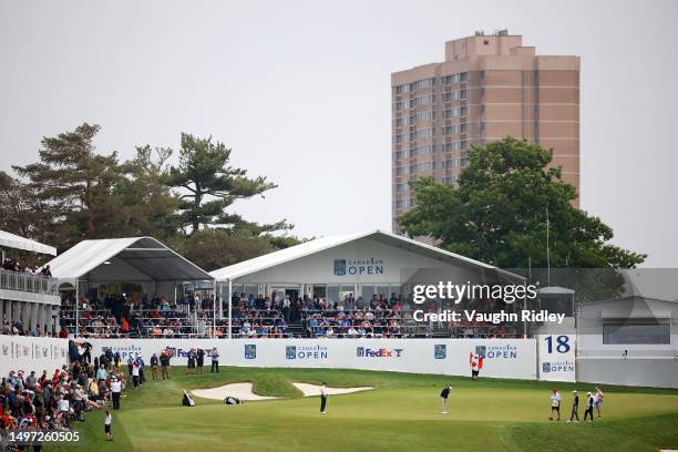 General view as players putt on the 18th green during the second round of the RBC Canadian Open at Oakdale Golf & Country Club on June 09, 2023 in...