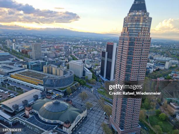 frankfurt am main with messeturm - messeturm stock-fotos und bilder