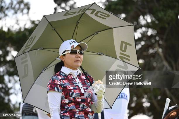 Ayako Uehara of Japan looks down the eighth fairway during the first round of the ShopRite LPGA Classic presented by Acer at Seaview Bay Course on...
