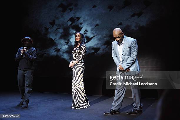 Director Spike Lee, Kiki Tyson and husband, Mike Tyson take part in a curtain call during the "Mike Tyson: Undisputed Truth" Broadway Opening Night...
