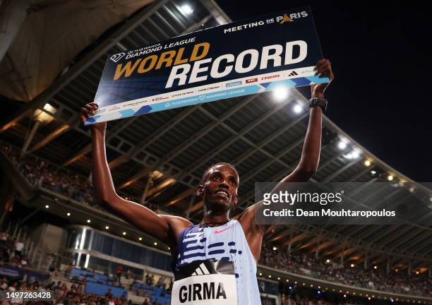 Lamecha Girma of Team Ethiopia celebrates after winning and setting a new World Record in Men's 3000 Metres Steeplechase during Meeting de Paris,...