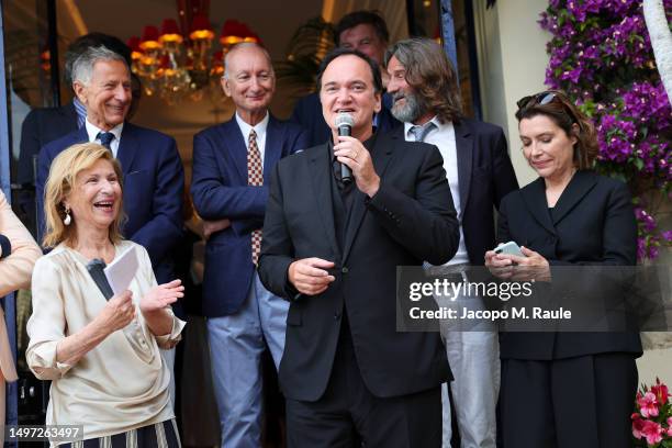 Quentin Tarantino speaks as he wins 2023 Prix Fitzgerald with François Armanet, Marianne Estène-Chauvin, Bertrand de Saint Vincent, Frédéric...