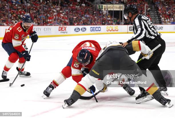 Aleksander Barkov of the Florida Panthers wins the face off against the Vegas Golden Knights during the second period of Game Three of the 2023 NHL...