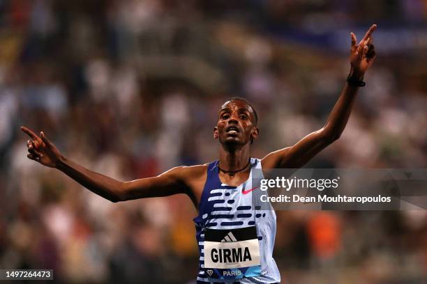 Lamecha Girma of Team Ethiopia approaches the finish line to win and set a new World Record in Men's 3000 Metres Steeplechase during Meeting de...