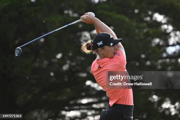 Linnea Strom of Sweden hits a tee shot on the eighth hole during the first round of the ShopRite LPGA Classic presented by Acer at Seaview Bay Course...