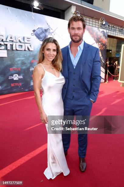 Chris Hemsworth and Elsa Pataky attend the "Tyler Rake: Extraction 2" Netflix Premiere at Zoo Palast on June 09, 2023 in Berlin, Germany.