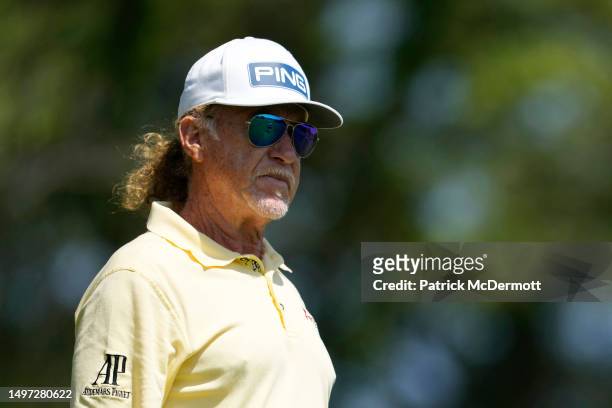Miguel Angel Jimenez of Spain walks off the second tee box during the first round of the American Family Insurance Championship at University Ridge...