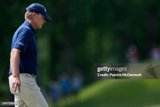 Steve Stricker of United States reacts after a putt on the 14th green during the first round of the American Family Insurance Championship at...