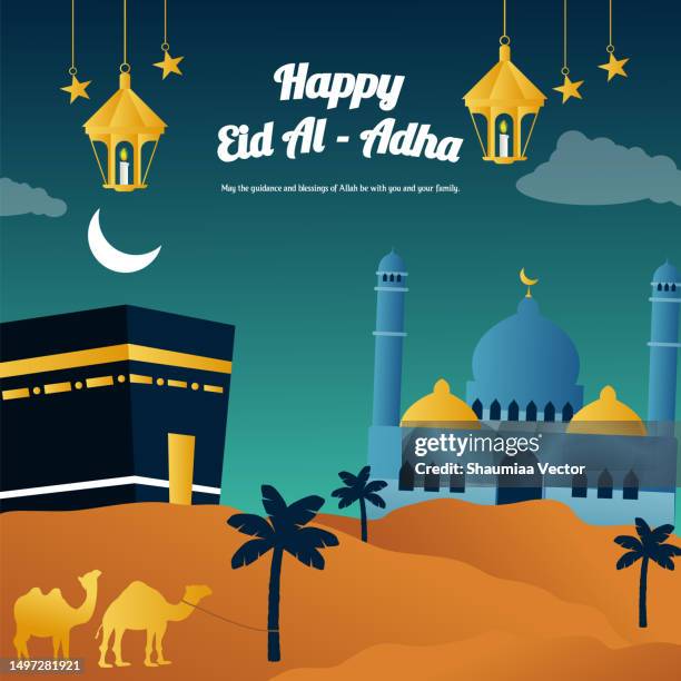 happy eid al adha mubarak banner illustration background design - arabic text background stock illustrations