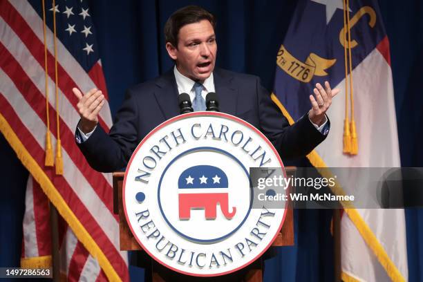 Republican presidential candidate Florida Governor Ron DeSantis delivers remarks June 9, 2023 in Greensboro, North Carolina. DeSantis spoke during...