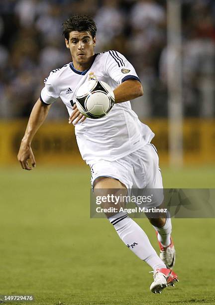 Alvaro Morata of Real Madrid in action during a World Football Challenge match between LA Galaxy and Real Madrid at The Home Depot Center on August...