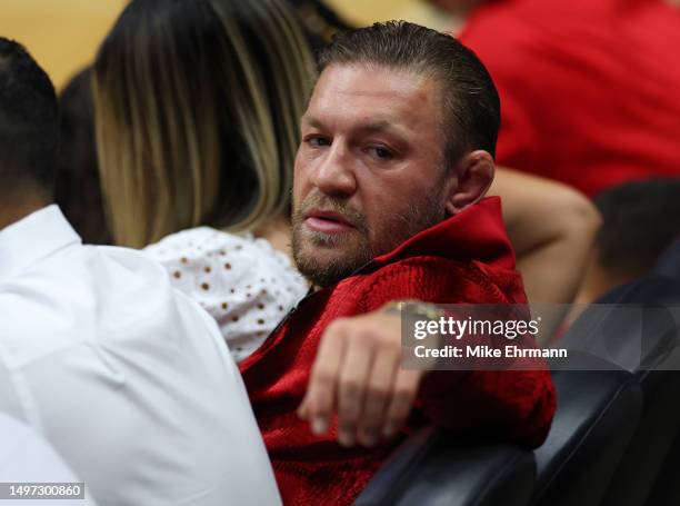 Conor McGregor is seen in attendance during Game Four of the 2023 NBA Finals between the Denver Nuggets and the Miami Heat at Kaseya Center on June...