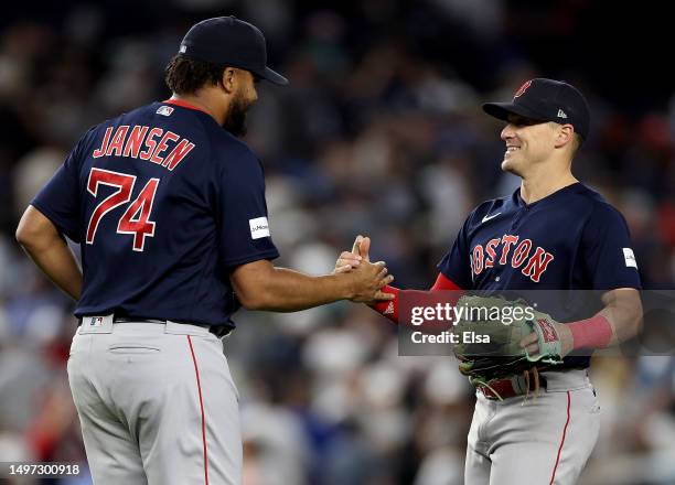 Kenley Jansen and Enrique Hernandez of the Boston Red Sox celebrate the win over the New York Yankees at Yankee Stadium on June 9, 2023 in Bronx...