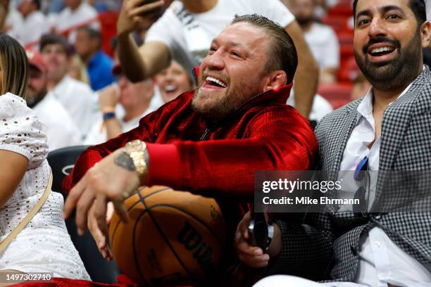 Conor McGregor is seen in attendance during Game Four of the 2023 NBA Finals between the Denver Nuggets and the Miami Heat at Kaseya Center on June...
