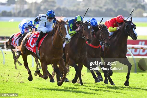 Matthew Cartwright riding Links winning Race 1, the Ladbrokes Racing Club Handicap, during Melbourne Racing at Sandown Hillside on June 10, 2023 in...