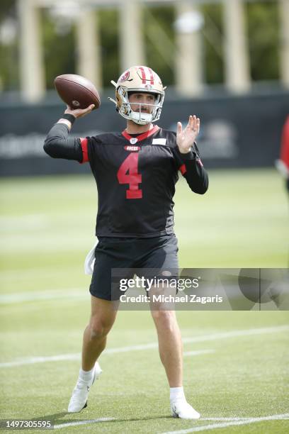 Brandon Allen of the San Francisco 49ers passes during mandatory minicamp at the SAP Performance Facility on June 7, 2023 in Santa Clara, California.