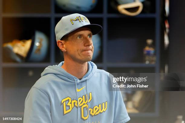 Craig Counsell of the Milwaukee Brewers looks on in the seventh inning against the Oakland Athletics at American Family Field on June 09, 2023 in...