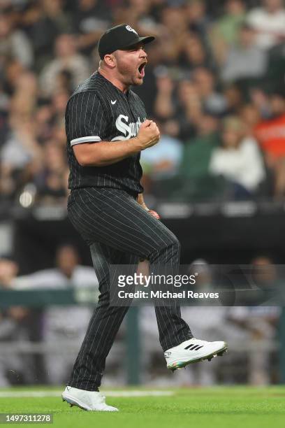 Liam Hendriks of the Chicago White Sox celebrates the third out during the ninth inning against the Miami Marlins at Guaranteed Rate Field on June...