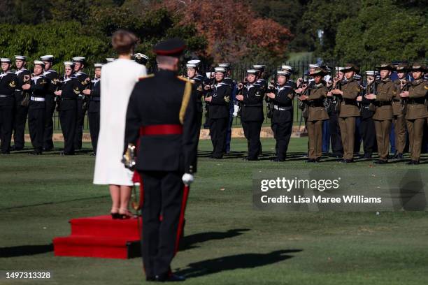 The Royal Guard, consisting of Army, Navy and Air Force cadets look towards Governor Margaret Beazley during a King's Birthday ceremony at Government...