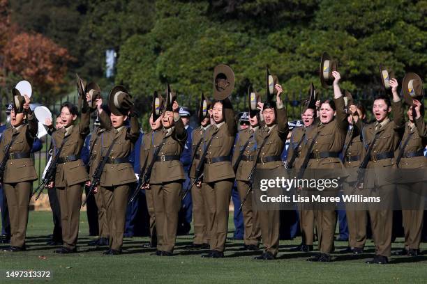 The Royal Guard, consisting of Army, Navy and Air Force cadets cheer during a King's Birthday ceremony at Government House on June 10, 2023 in...