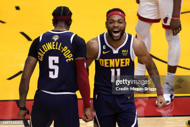 Bruce Brown of the Denver Nuggets reacts after making a basket and drawing a foul during the fourth quarter against the Miami Heat in Game Four of...