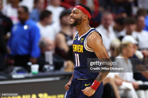 Bruce Brown of the Denver Nuggets reacts after a basket during the fourth quarter against the Miami Heat in Game Four of the 2023 NBA Finals at...