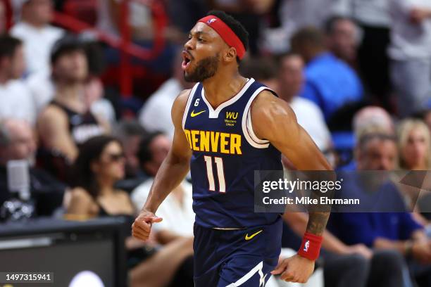Bruce Brown of the Denver Nuggets reacts after a basket during the fourth quarter against the Miami Heat in Game Four of the 2023 NBA Finals at...