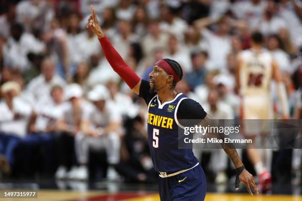 Kentavious Caldwell-Pope of the Denver Nuggets reacts during the fourth quarter against the Miami Heat in Game Four of the 2023 NBA Finals at Kaseya...