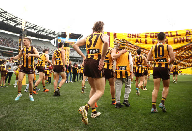 The Hawks head out during the round 13 AFL match between Hawthorn Hawks and Brisbane Lions at Melbourne Cricket Ground, on June 10 in Melbourne,...