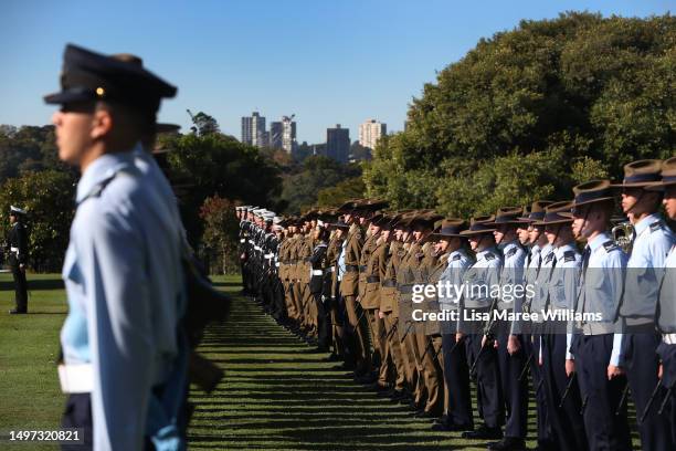 The Royal Guard, consisting of Army, Navy and Air Force cadets take part in a King's Birthday ceremony at Government House on June 10, 2023 in...