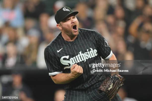 Liam Hendriks of the Chicago White Sox celebrates the third out during the ninth inning against the Miami Marlins at Guaranteed Rate Field on June...